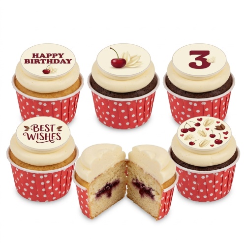 Cherry and heart decorated birthday cupcakes with custom age topper.
