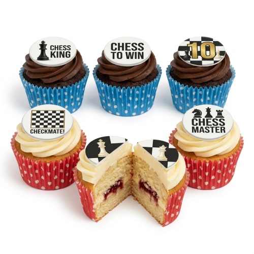 A set of six chess themed cupcakes with edible toppers, some with chocolate frosting and blue wrappers, others with vanilla frosting and red wrappers. One cupcake features a custom age topper.