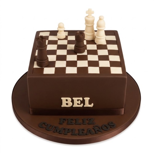 Square chocolate-coloured cake with a white and brown chessboard top, featuring edible chess pieces.