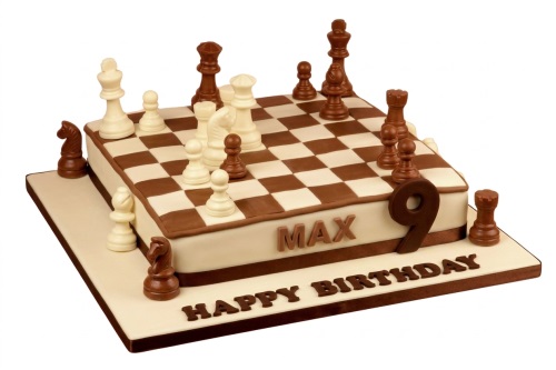 Square birthday cake with a chessboard design, edible brown and white chess pieces, and a custom age number.