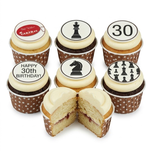 A selection of chess themed birthday cupcakes with king, knight, and chess board toppers, alongside custom age and message examples.