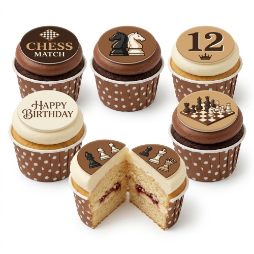 Chess themed birthday cupcakes with edible toppers featuring chess pieces, a chessboard, and a custom age.