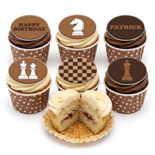 Six cupcakes with chess piece and chessboard edible toppers, some with cream and some with chocolate frosting.
