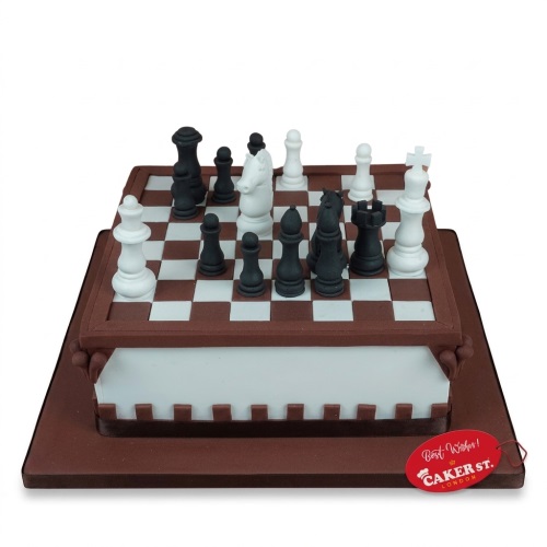 Square chess board cake with black and white edible chess pieces