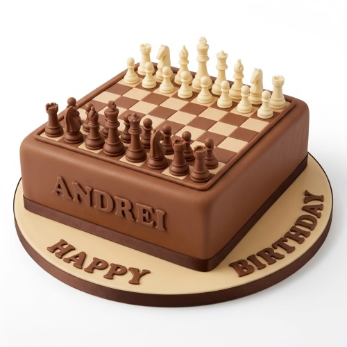 Square brown cake with edible chessboard and chess pieces, 'Happy Birthday' and custom name.
