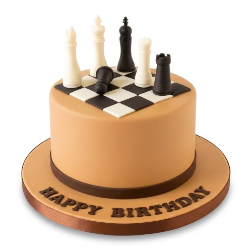 Round tan birthday cake with a black and white chess board and edible chess pieces on top, with "Happy Birthday" written on the base.