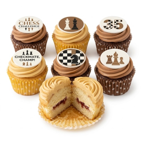 Set of chess theme cupcakes with edible chess pieces, chessboard pattern, and custom age topper.