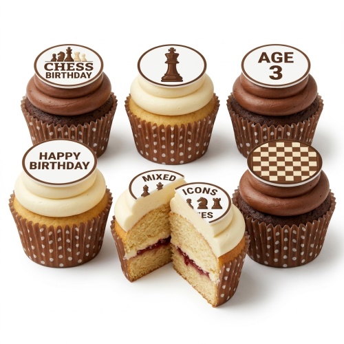 Cupcakes with chess piece and chessboard toppers, some with 'Happy Birthday' and custom age '3' messages.