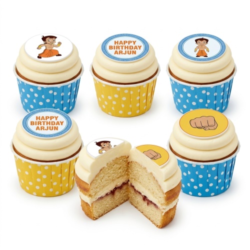 Chhota Bheem themed cupcakes with character and fist toppers, in blue and yellow polka dot wrappers, with a custom message example.