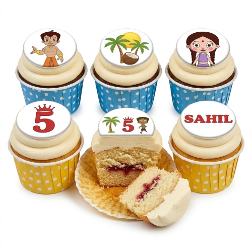 Chhota Bheem theme birthday cupcakes with custom age and name toppers, tropical decorations.