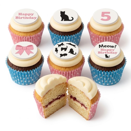 Assortment of cat-themed birthday cupcakes with 'Happy Birthday', cat silhouettes, pink bow, and custom age topper.