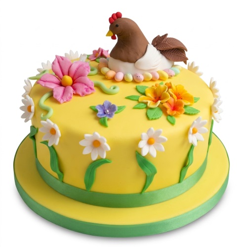 Round yellow cake with a brown and white hen, pastel eggs, and various pink, orange, purple, and white sugar flowers.