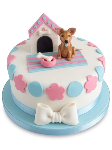 White fondant cake with a brown puppy, dog house, bone, and pink and blue decorations.