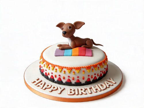Round white birthday cake with a brown dog figurine on top and colourful orange, red, and yellow decorations around the side.