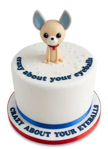 White round cake with 3D fondant chihuahua dog topper and blue custom message.
