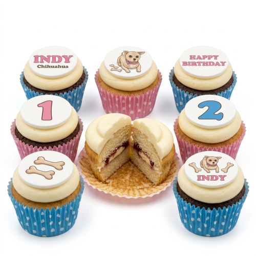 Chihuahua dog birthday cupcakes with custom age and name toppers, dog bones, and 'Happy Birthday' message.