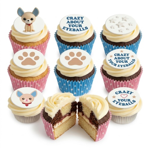 Vanilla and chocolate cupcakes with white frosting, featuring Chihuahua dog, paw print, and "Crazy About Your Eyeballs" toppers in pink and blue polka dot wrappers.