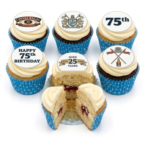 Chivas Regal whisky themed cupcakes with white frosting, blue polka dot wrappers, and custom age toppers.