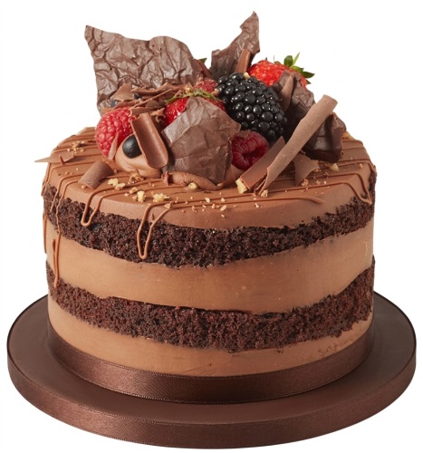 Two-tier naked chocolate cake with chocolate frosting, topped with fresh mixed berries, chocolate shards, and chocolate drizzle.