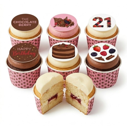 Assortment of chocolate and berry themed birthday cupcakes with custom age and message toppers