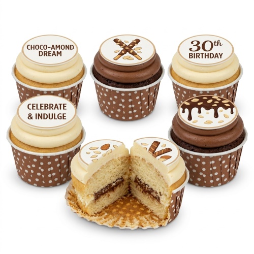 Assortment of chocolate and vanilla cupcakes with chocolate and almond decorations, including custom age and message toppers.