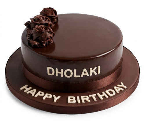 Two-tiered chocolate birthday cake with glossy finish, chocolate roses, and personalised message.