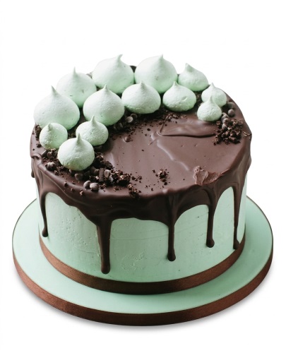 Round mint green cake with dark chocolate drip, mint green meringues, and chocolate cookie crumbs.