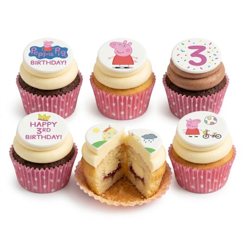 Peppa Pig themed birthday cupcakes with various toppers, including Peppa Pig, a number 3, and a 'Happy Birthday' message.