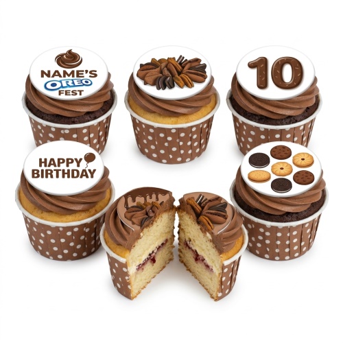 Six Oreo and cookie themed birthday cupcakes with chocolate and vanilla sponges, chocolate frosting, and custom age/message toppers.