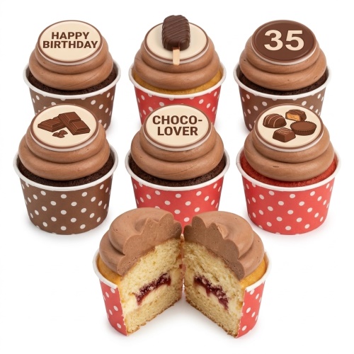 Chocolate cupcakes with chocolate frosting and various chocolate-themed and birthday toppers, including a custom age and message.