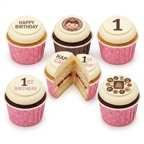 Selection of 1st Birthday cupcakes with 'Happy Birthday', '1st Birthday', and number '1' toppers, plus a cartoon child and birthday icons.