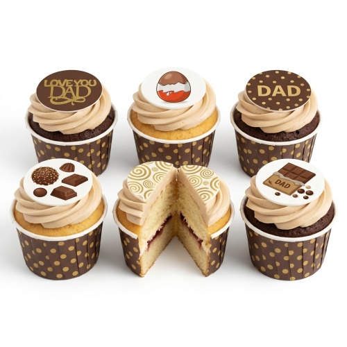 Six chocolate and vanilla cupcakes with 'Dad' and sweet treat toppers, including a Kinder egg and chocolate bar.