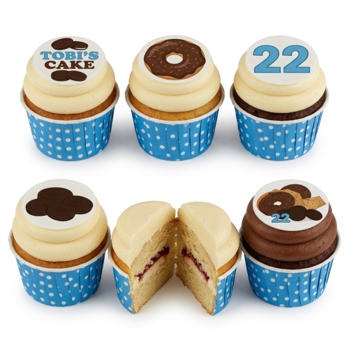 Cupcakes with cookies and donut toppers, blue polka dot cases, and custom age option.