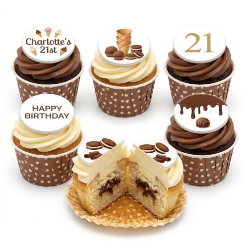 Collection of dessert theme birthday cupcakes with ice cream, cookie, and chocolate toppers, with custom age and happy birthday messages.