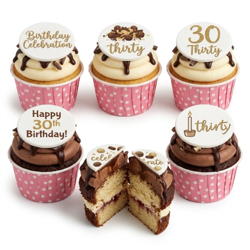 Custom age birthday cupcakes with chocolate drizzle, chocolate shavings, and pink polka dot wrappers.