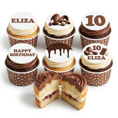 Selection of chocolate and vanilla cupcakes with chocolate decorations and customisable white edible toppers.