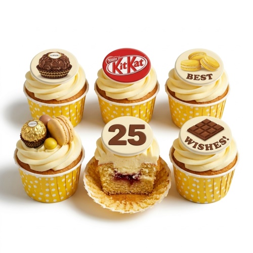 Six chocolate and sweet treat themed cupcakes with a custom age topper and "Best Wishes" message.