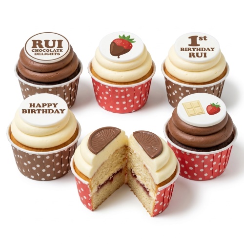 Assortment of birthday cupcakes with chocolate and strawberry decorations, featuring customisable toppers.