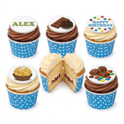 Assorted chocolate and sweet treat birthday cupcakes with personalised name and 'Happy Birthday' toppers.