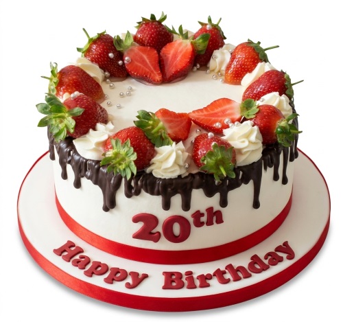 Round white birthday cake with chocolate drip, fresh strawberries, cream, and custom age text.