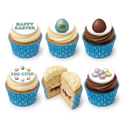 A selection of Easter cupcakes with white and chocolate frosting, topped with "Happy Easter" and "Egg-cited" messages, speckled eggs, and chocolate eggs in blue polka dot cases.