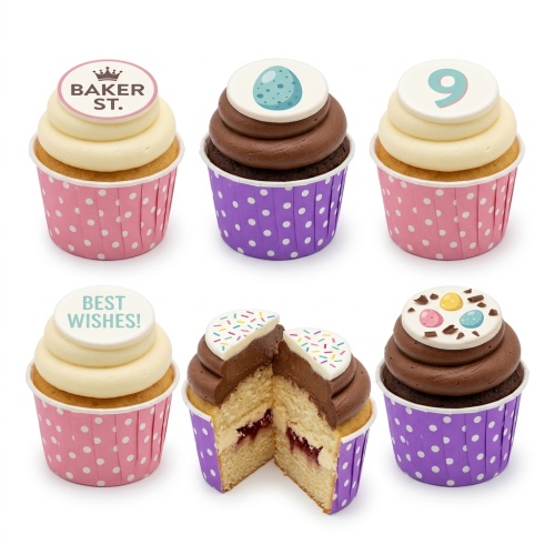 Cupcakes with white and chocolate frosting, decorated with colourful sprinkles, Easter egg and custom age toppers.