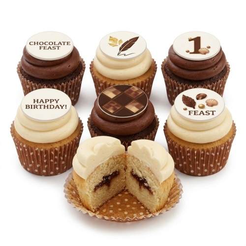 Assortment of birthday cupcakes with chocolate and cream frosting, decorated with various toppers including "Happy Birthday!" and a number "1" for custom age.