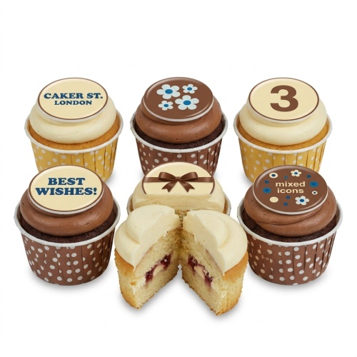 Assortment of vanilla and chocolate cupcakes with custom age, message, floral, and bow toppers.
