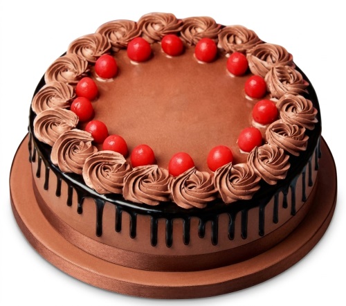 Round chocolate cake with chocolate drip, cream swirls, and red cherries on top.