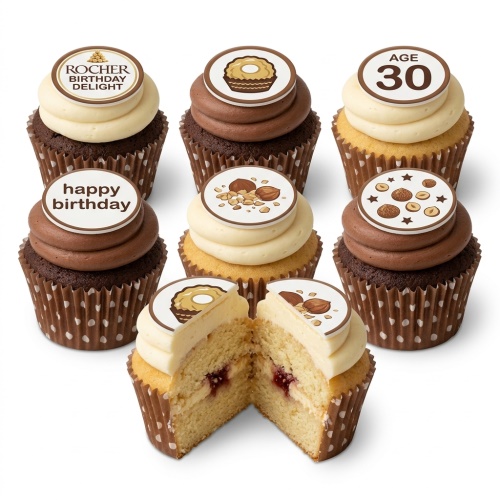 Ferrero Rocher inspired birthday cupcakes with chocolate and vanilla sponges, hazelnut toppers, and a custom age.