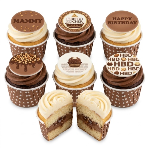A selection of chocolate and cream cupcakes with Ferrero Rocher themed toppers, some with nuts and messages like 'Happy Birthday' and 'Mammy'.