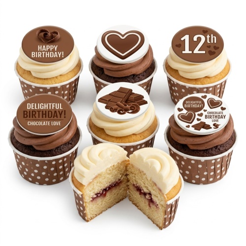 Assortment of chocolate and vanilla birthday cupcakes with customisable chocolate-themed toppers and messages.