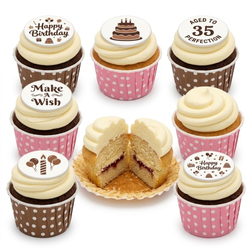 Assortment of birthday cupcakes with white frosting and various birthday-themed toppers, including a custom age example.