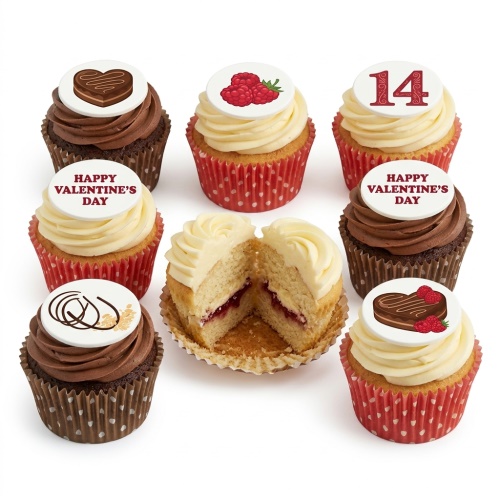 Valentine's Day cupcakes with heart, raspberry, and "Happy Valentine's Day" toppers.